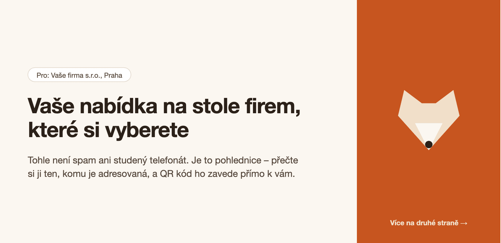 Přední strana pohlednice: titulek kampaně a oslovení konkrétní firmy